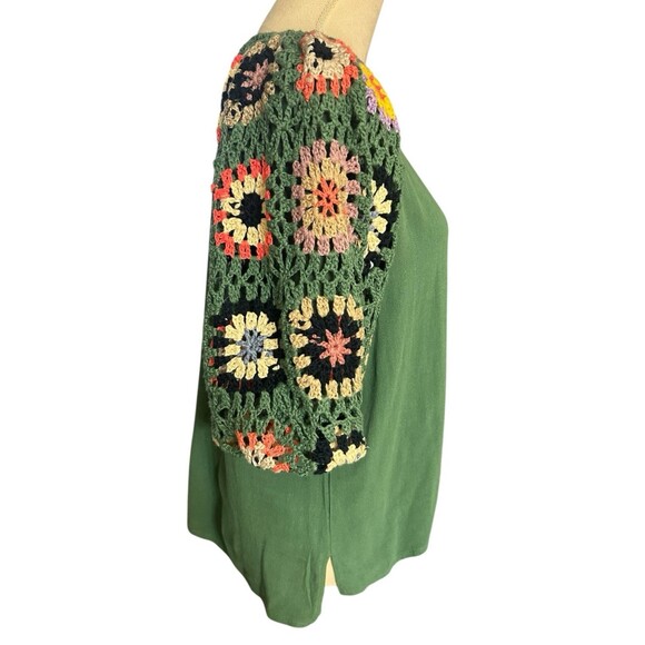 UMGEE Crocheted Green Lined Sleeves Linen Cotton Flutter Short Sleeves Top Sz S - Picture 6 of 11